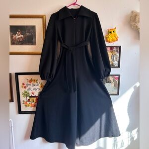 Vintage 1970s Black Knit Wide-Leg Jumpsuit - Bishop Sleeves, Belted Waist